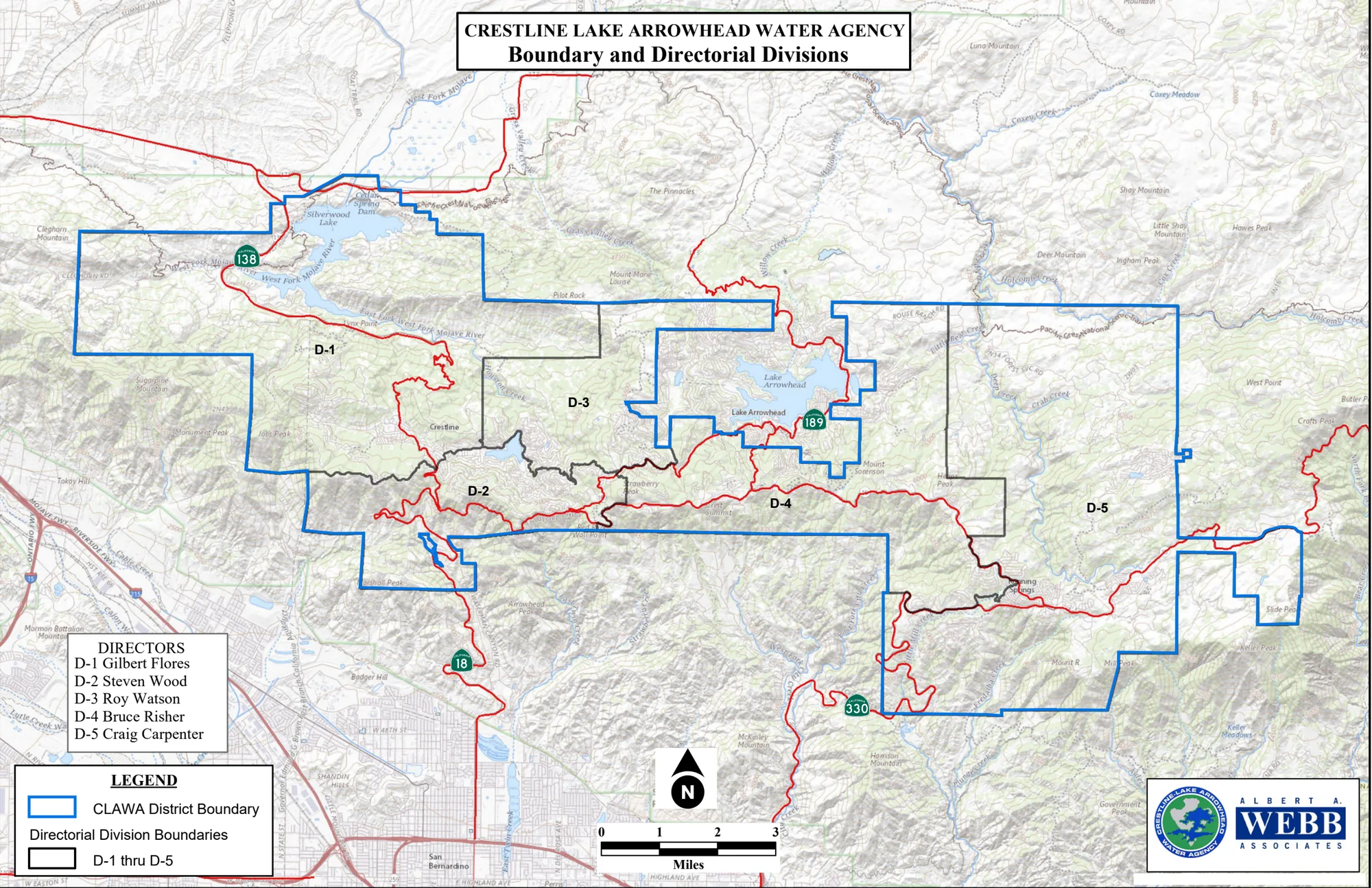 Map titled Crestline-Lake Arrowhead Water Agency, Boundary and Directorial Divisions. The Agency boundary is outlined across the San Bernardino Mountains from Silverwood Lake in the west to Green Valley in the east, taking in Crestline and Lake Arrowhead, and is divided into five directorial divisions labelled D-1 to D-5. State Routes 138, 18, 189 and 330 are marked. The legend lists the directors: D-1 Gilbert Flores, D-2 Steven Wood, D-3 Roy Watson, D-4 Bruce Risher, D-5 Craig Carpenter.